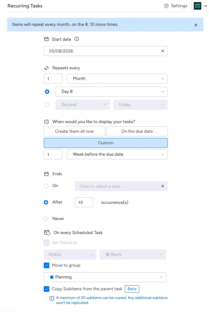Recurring task settings in monday.com showing automatic scheduling options, including due date, custom scheduling, end conditions, status, group selection, and the Copy Subitems from the parent task checkbox.