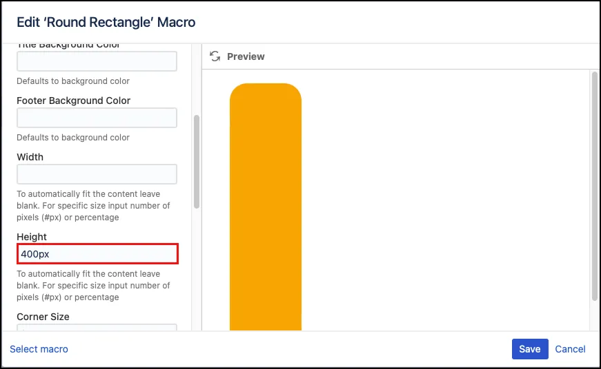 Round rectangle height field showing minimum height set in pixels or percentage