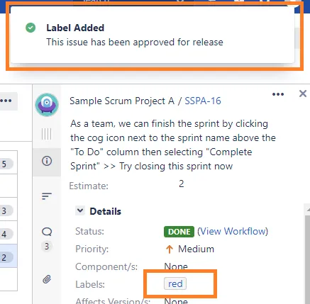 Jira issue card showing a context menu action that adds a label and displays a success flag notification