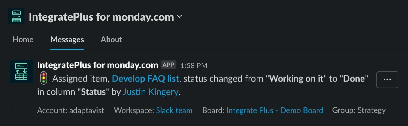 Example of notification text in the Messages tab