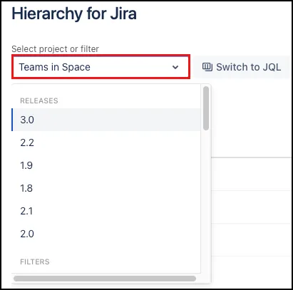Hierarchy for Jira page showing the Select project or filter drop-down listing all versions for the selected project