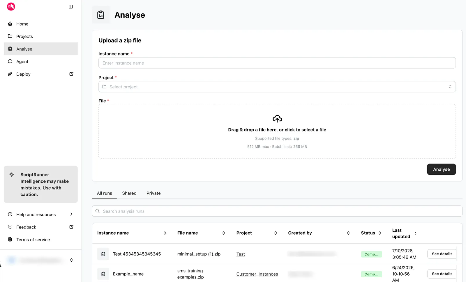 Analyse page showing navigation sidebar with Analyse tab selected