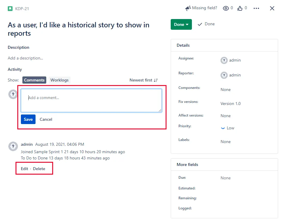 Image of an issue with comment options highlighted