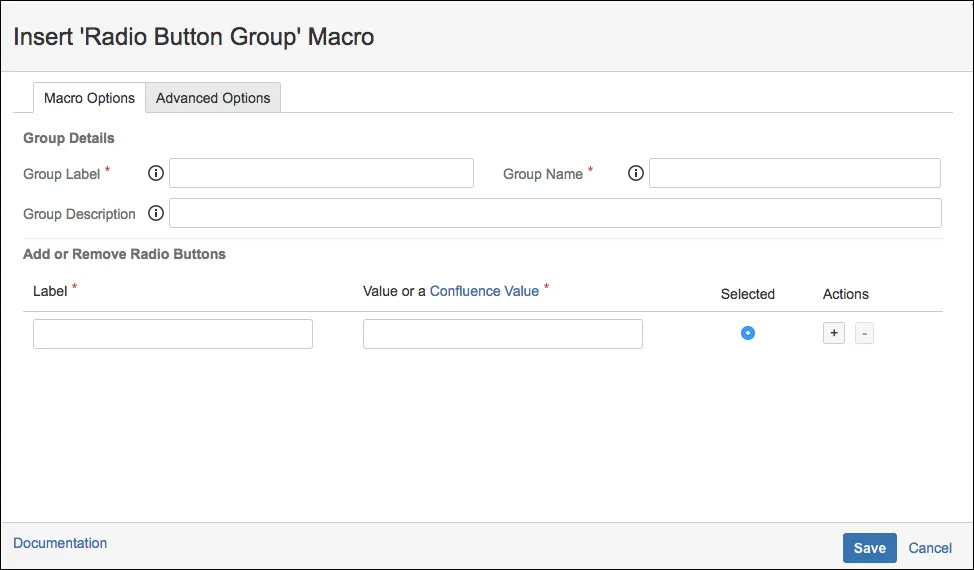 Forms - Radio Button Group macro selected in the Confluence macro browser