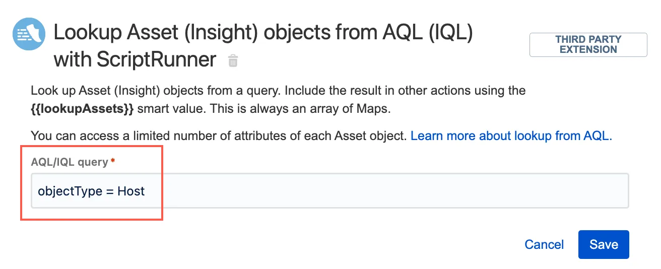 Automation for Jira Lookup Asset action configured with an AQL expression to retrieve all Host objects
