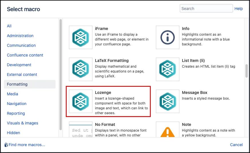 Macro Browser showing the Lozenge macro selected