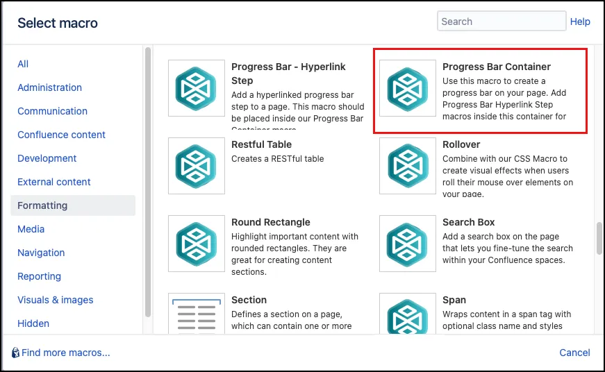 Selecting the Progress Bar Container macro in the Confluence Macro Browser