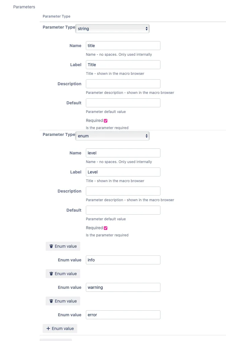 The Parameter form with example content
