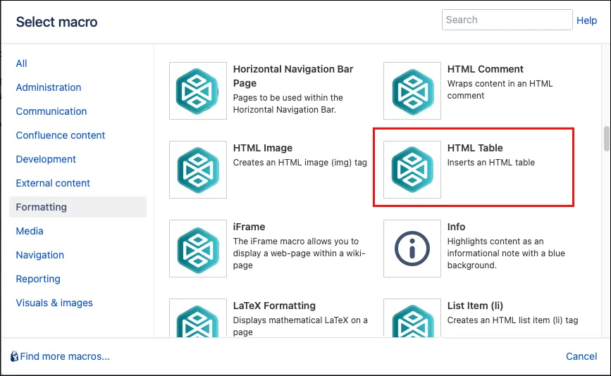 Selecting the HTML Table macro in the Confluence Macro Browser