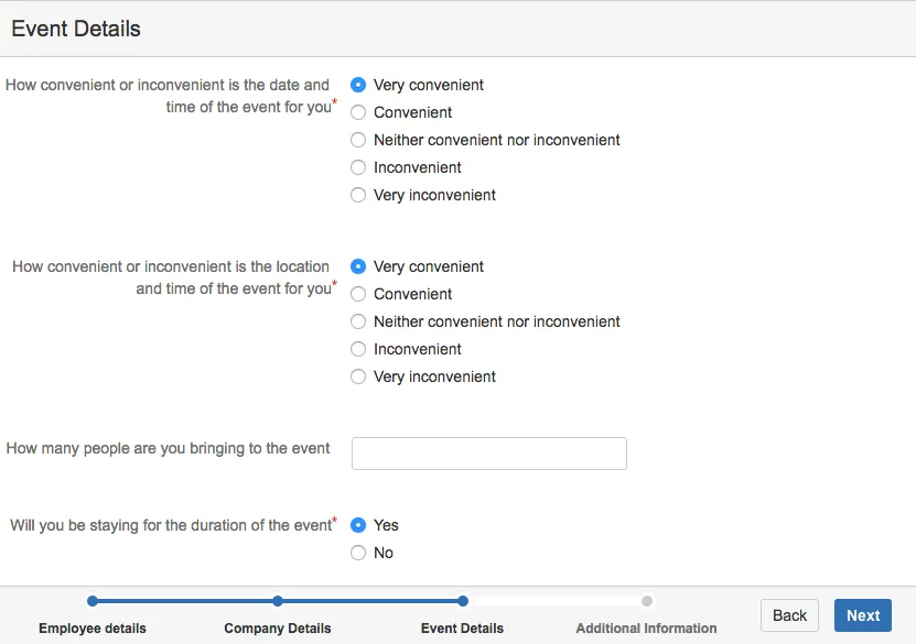 Form page showing the Event Details section displayed after the user is redirected from the Company Details page by the Go to Page condition