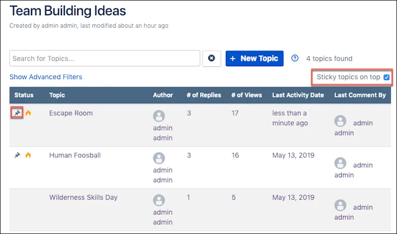 The Forums menu page, with the Pin and Sticky Topics On Top options highlighted.