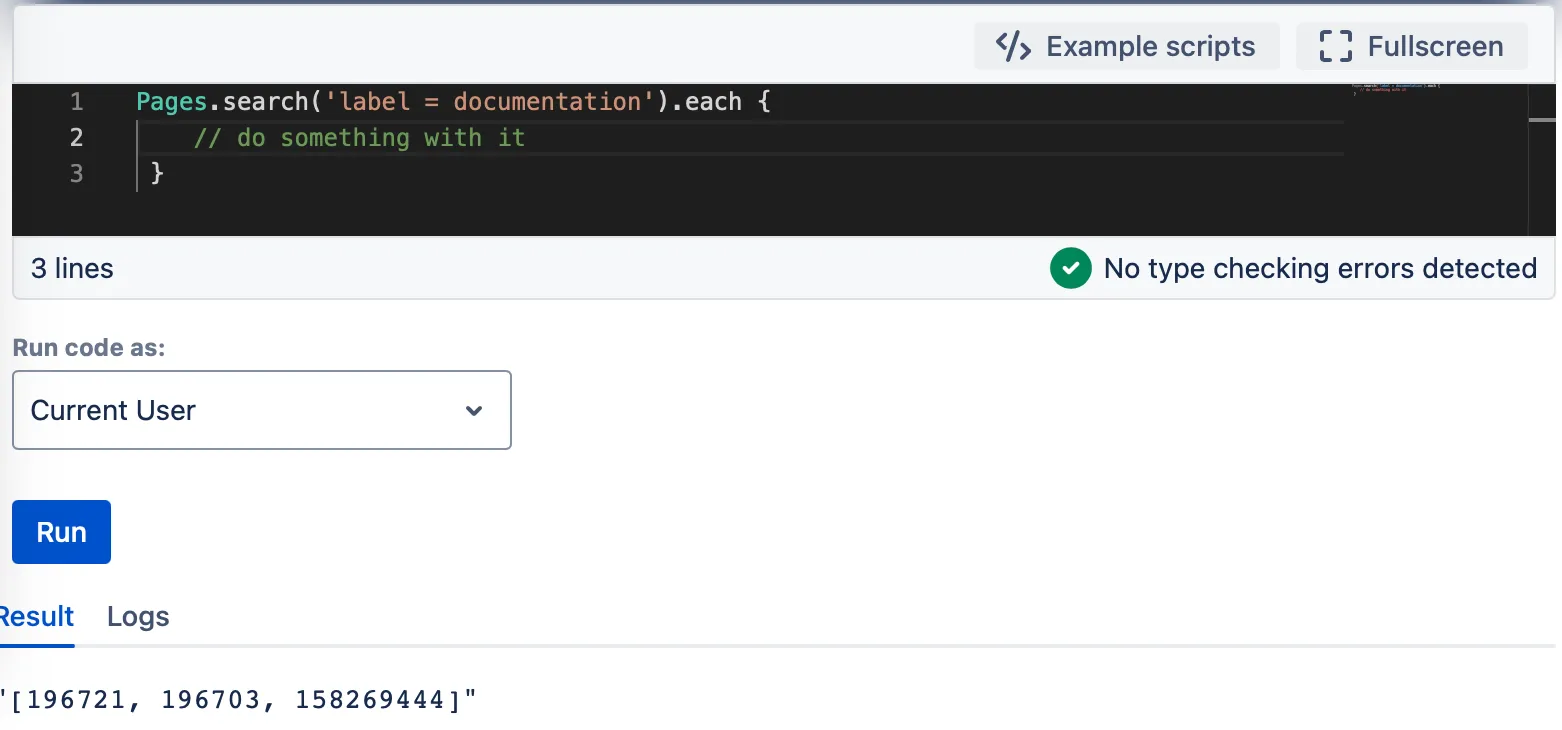 The results for the example search for page IDs.