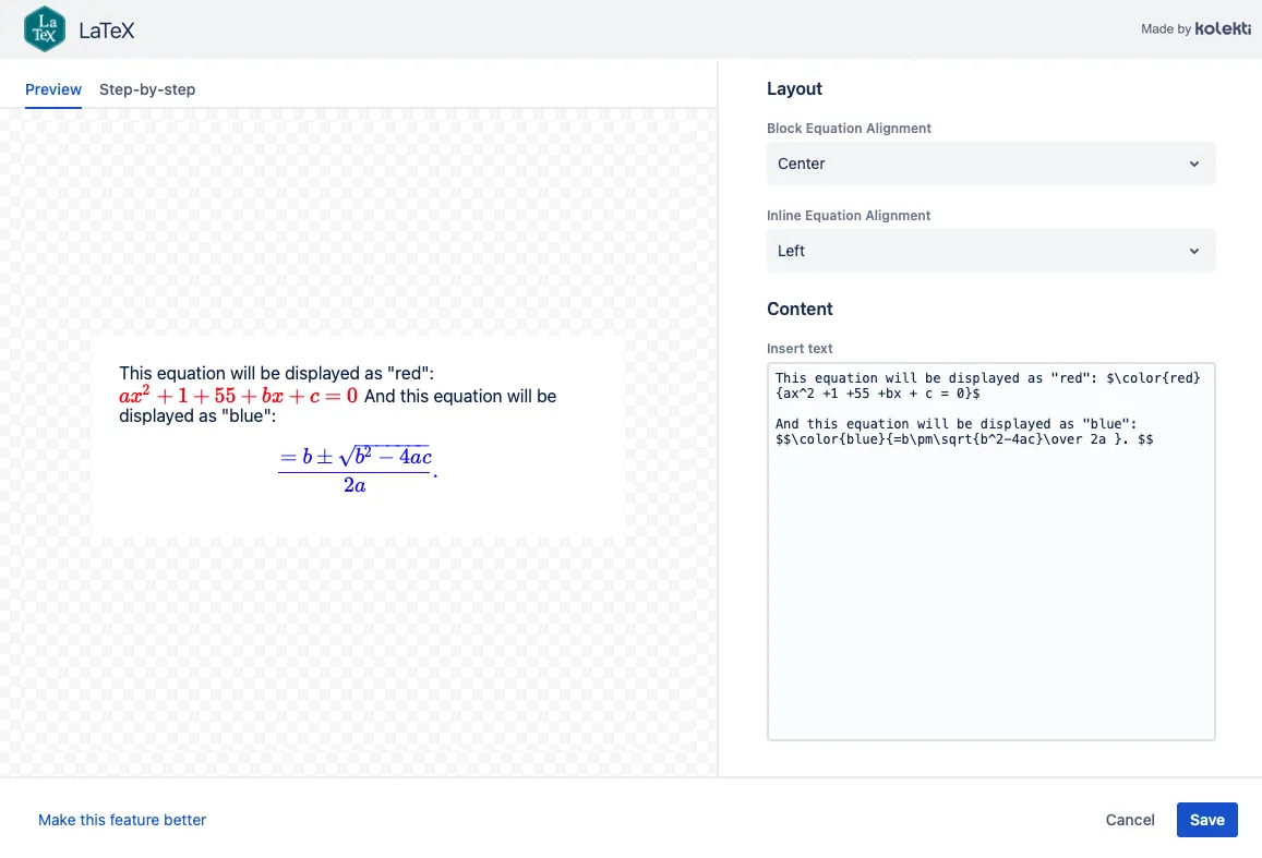 Confluence Select Macro dialog with the LaTeX macro highlighted for insertion on a page