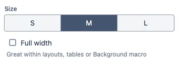 Button settings panel showing the Full Width checkbox selected to make the button span the full width of its container.