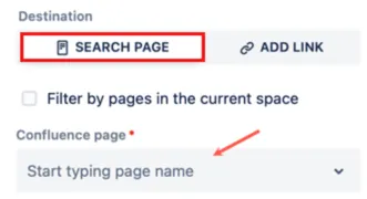 Confluence Search Page dialog showing the Confluence page field and Filter by pages in the current space option.