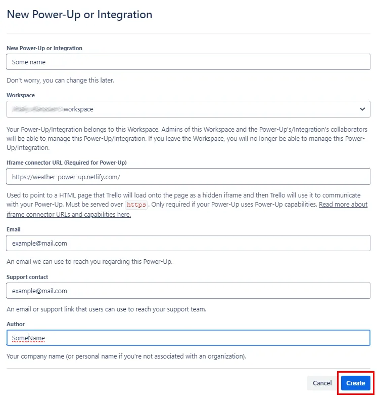 Image of the New Power-Up or Integration screen with Create button highlighted