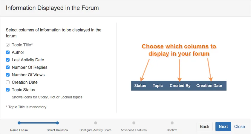 The Select Columns screen in the Create from Template window.