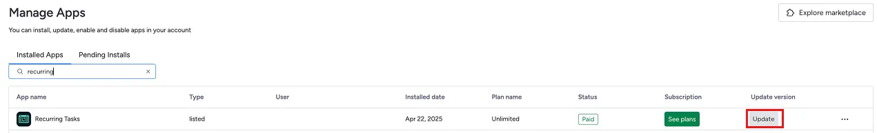 Recurring Tasks app highlighted in the Administration → Apps page with the Update button visible.