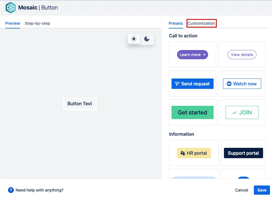 Button customization screen showing preset button styles and the Customization tab