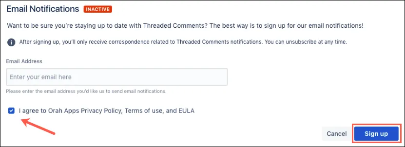 Notification sign-up form showing Email Address field and required privacy policy agreement checkbox