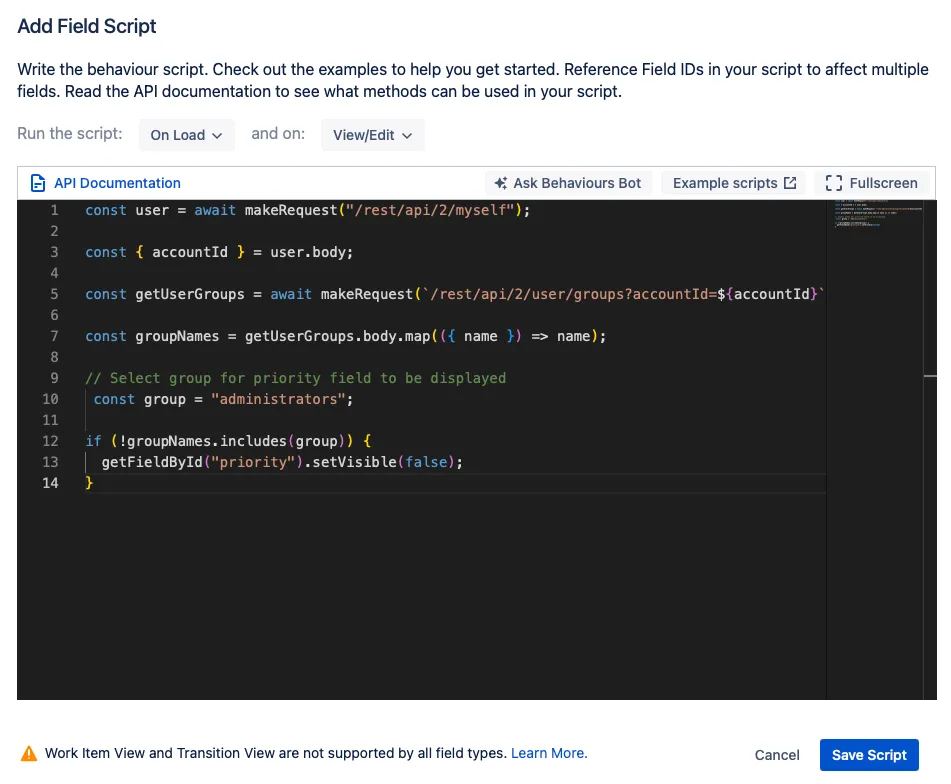 Script editor showing the Change the visibility of the priority field example script pasted into the Add Field Script window