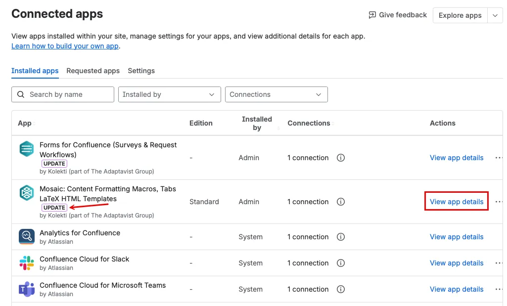 Manage apps page showing the Mosaic app with an Update flag displayed under the app name