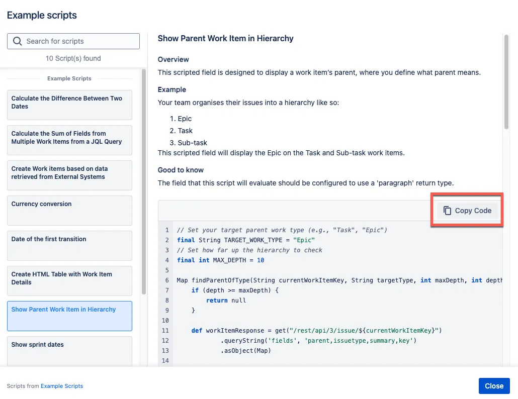 Example scripted field configuration showing the code editor with a sample Groovy script and the Example scripts panel.