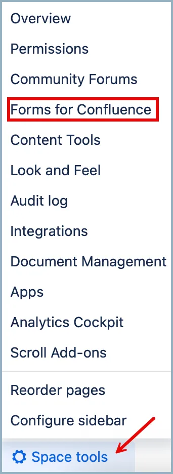 Forms for Confluence page in Space Tools showing the Form IDs management table and controls available to Space Administrators