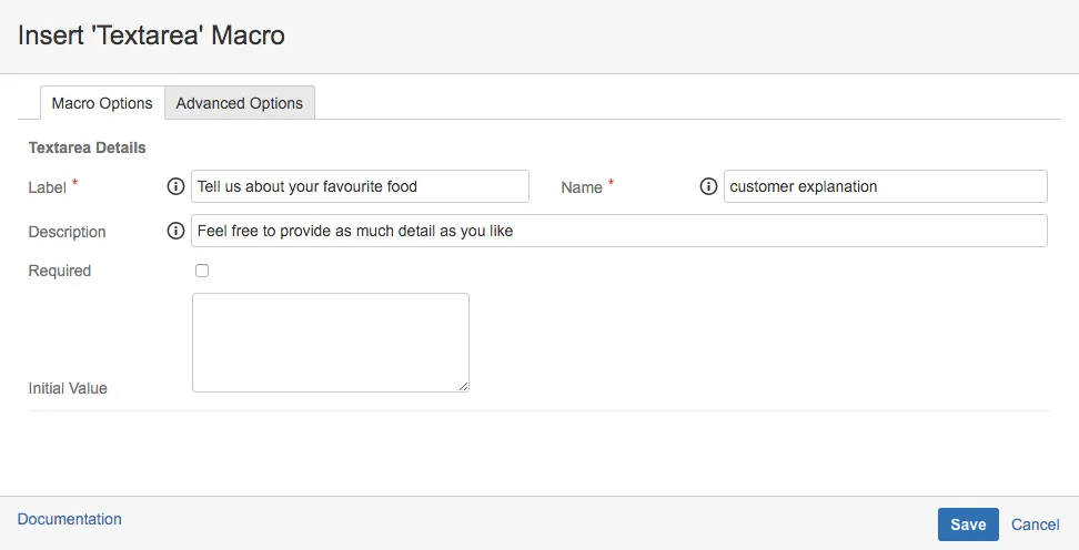 Textarea macro configuration showing the Description field and other options.