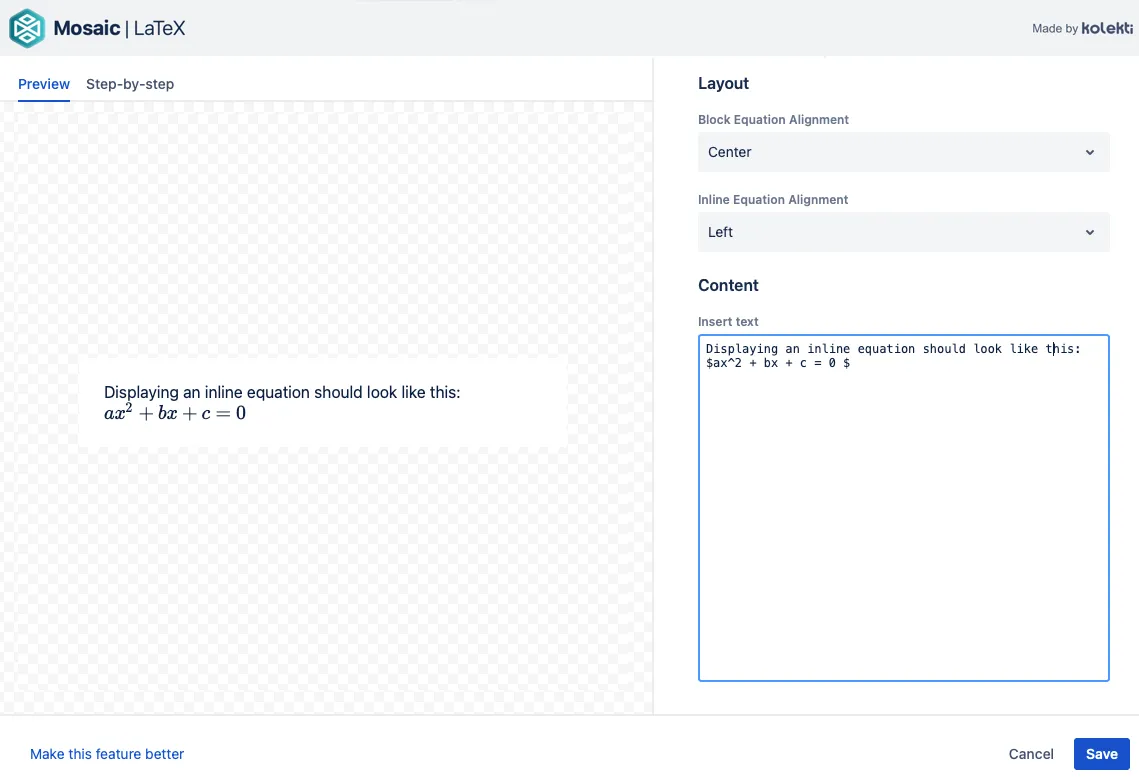 LaTeX editor with inline text example.