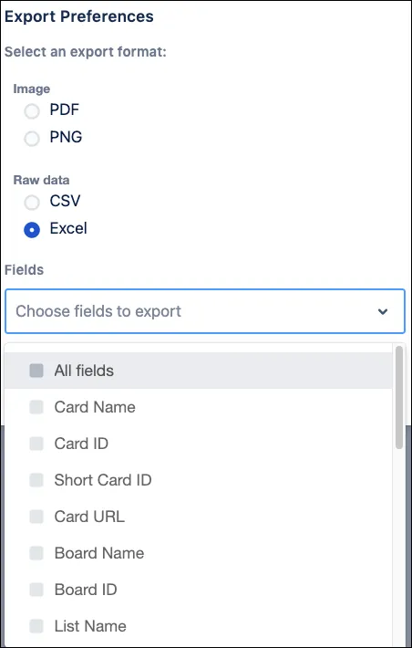 Export Preferences window showing format selection options and a Fields dropdown for customizing exported data