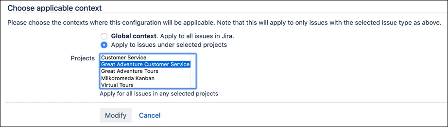Choose context screen showing Great Adventures Customer Service project selected