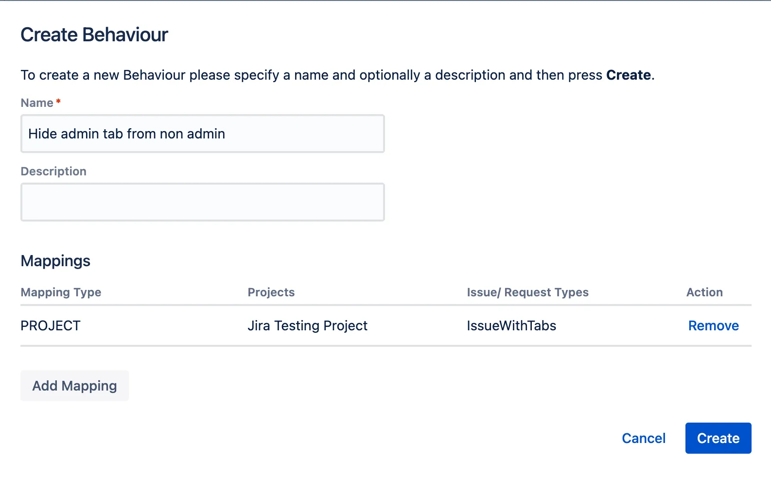 The Create Behaviour screen showing the behaviour name, description, and project mapping configuration.