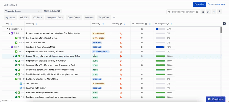 Animation showing a user dragging the borders of the Key and Summary columns in a table to freely resize them, with the adjusted column widths being saved as part of a Saved View.