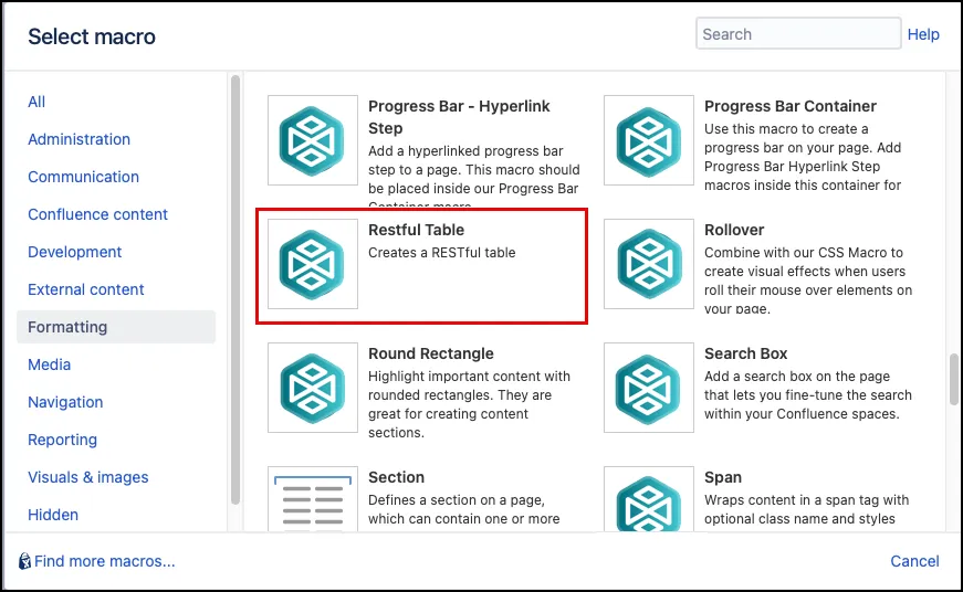 Macro Browser showing the Restful Table macro selected