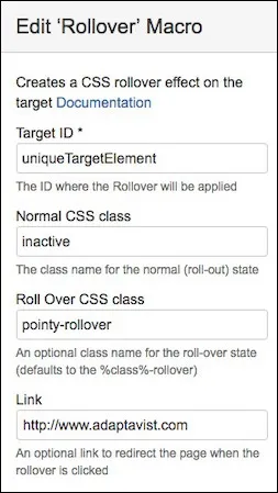 Confluence Edit Rollover Macro dialog showing fields for Normal CSS class, Roll Over CSS class, Link, and Target ID.