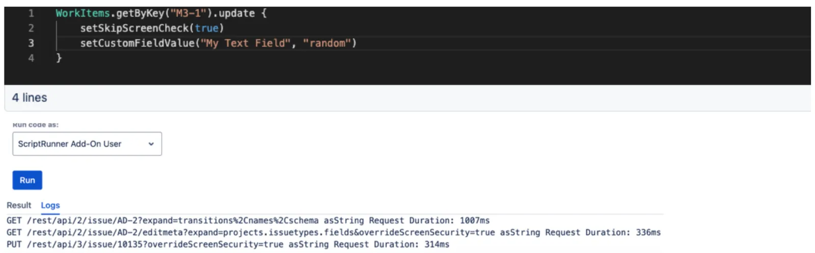 Example of skipping screen validation when setting a custom field value