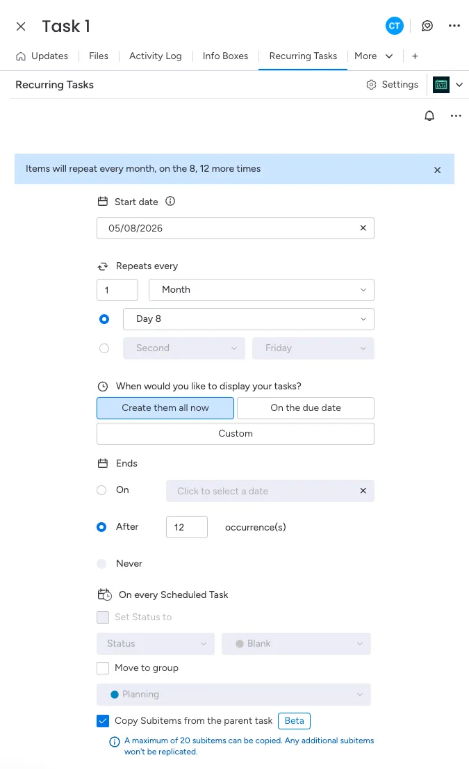 Recurring task settings showing the option to copy the first 20 subitems from the parent task when creating all recurrences at once.