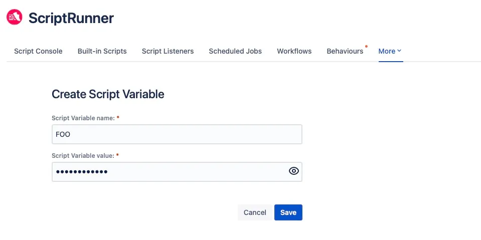Create Script Variable screen showing fields for Script Variable name and Script Variable value, including options to show or hide the password.