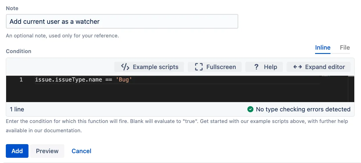 Completed post function form with condition field.