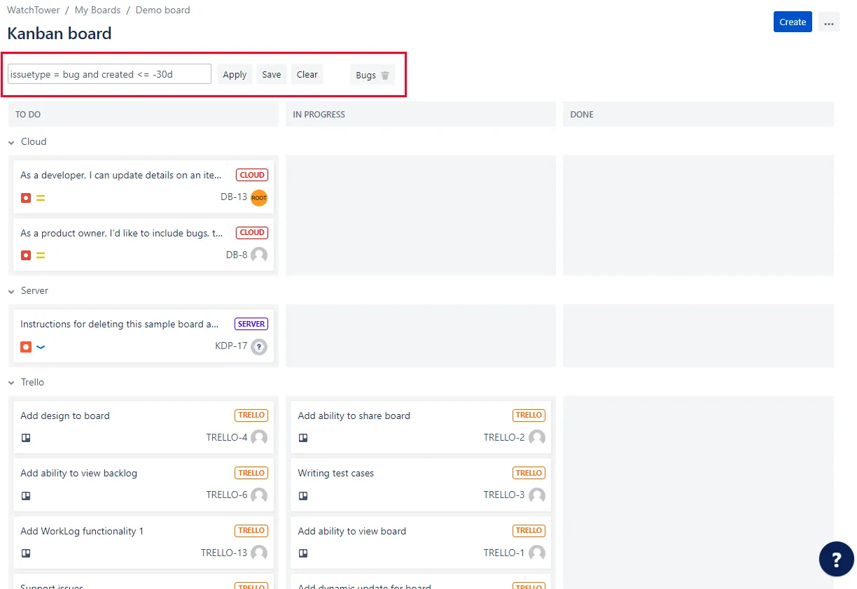 Image showing the search filter highlighted on a kanban board