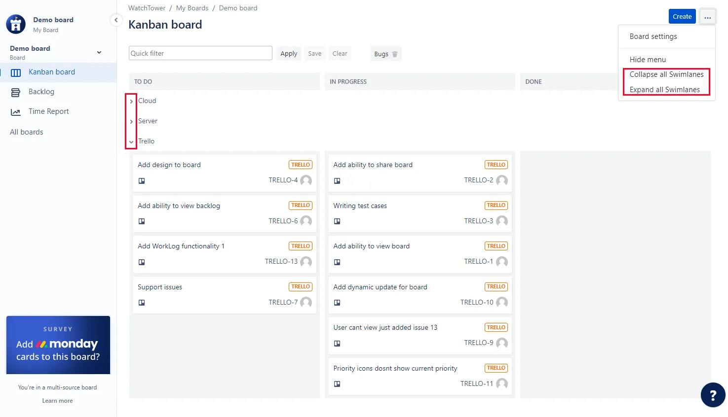 Image of Kanban board with swimlane options highlighted