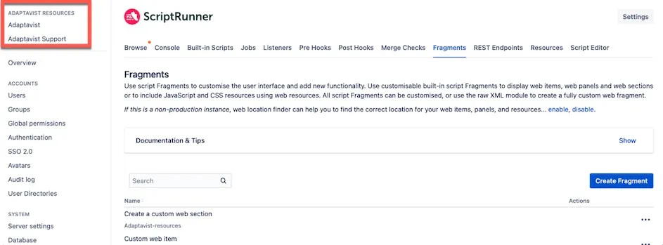 Administration page showing the new Adaptavist Resources section