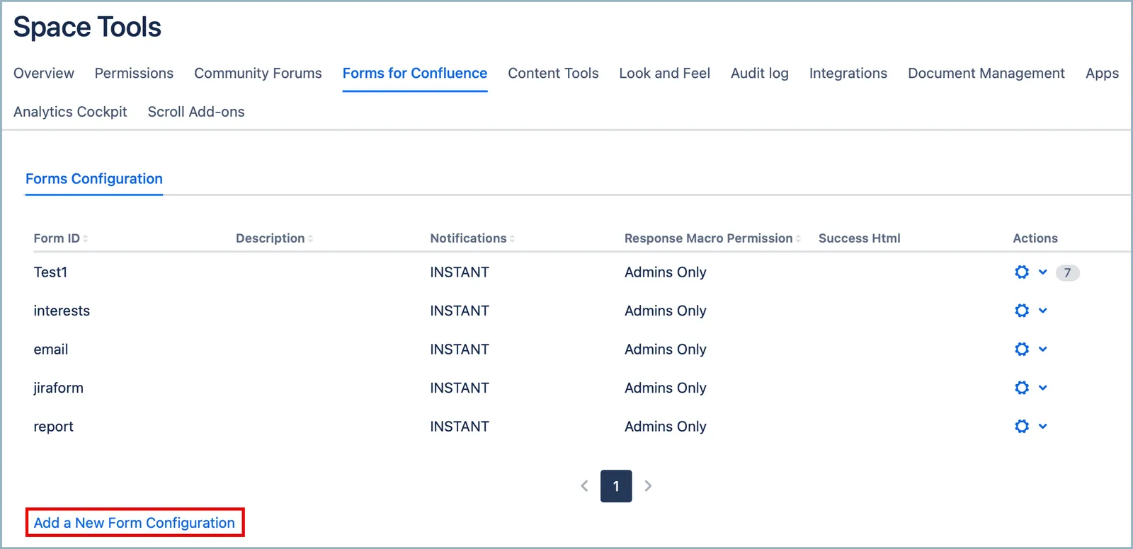 Form configuration page with the Add a New Form Configuration button highlighted