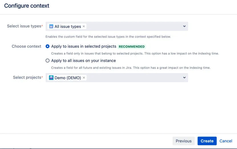 Selecting the projects and issue types context for the encrypted custom field in the Add Custom Field configuration screen in Jira