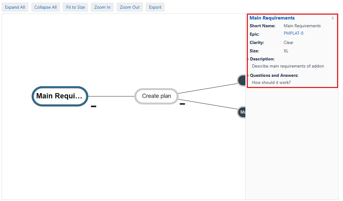 Properties panel showing inline editable fields: Short name, Clarity, Size, Description, and Questions and Answers