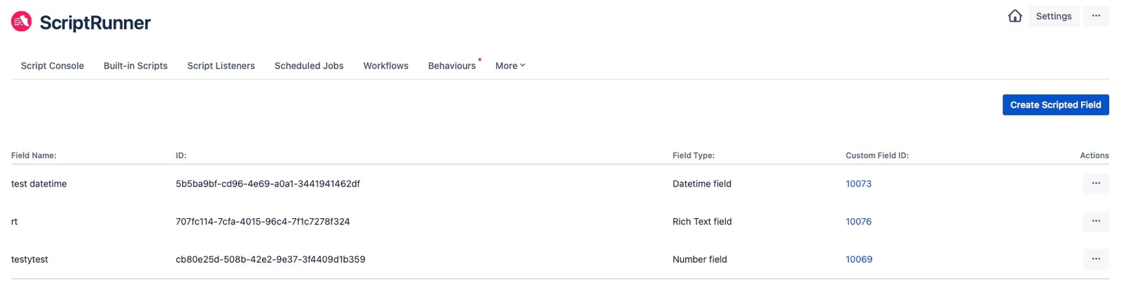 Scripted fields list page showing existing scripted fields and the Create Scripted Field button.