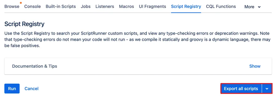 The Export all scripts option, hilighted in the Scipt Registry.