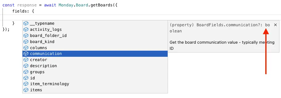 Code editor with 'await Monday.Board.getBoards' function. Dropdown menu lists fields like 'communication', highlighted in blue, with tooltip note.