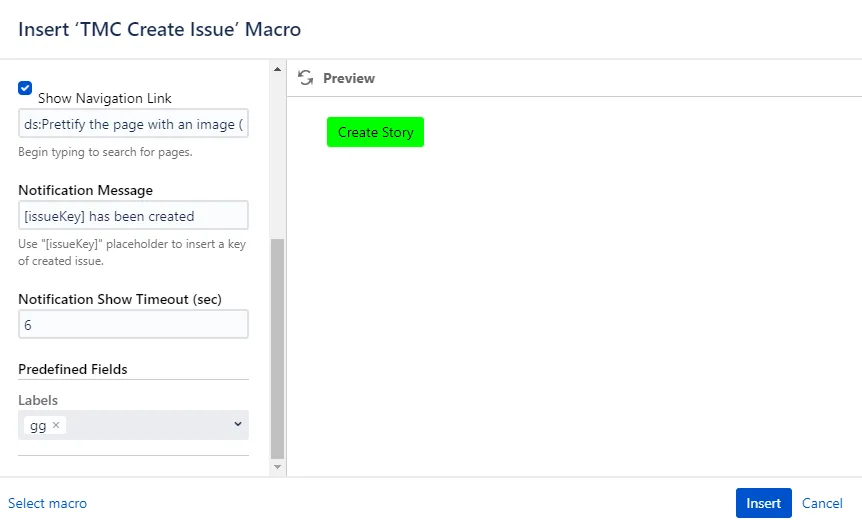 Confluence TMC Create Issue macro configuration screen showing the Predefined Fields section with a label selected